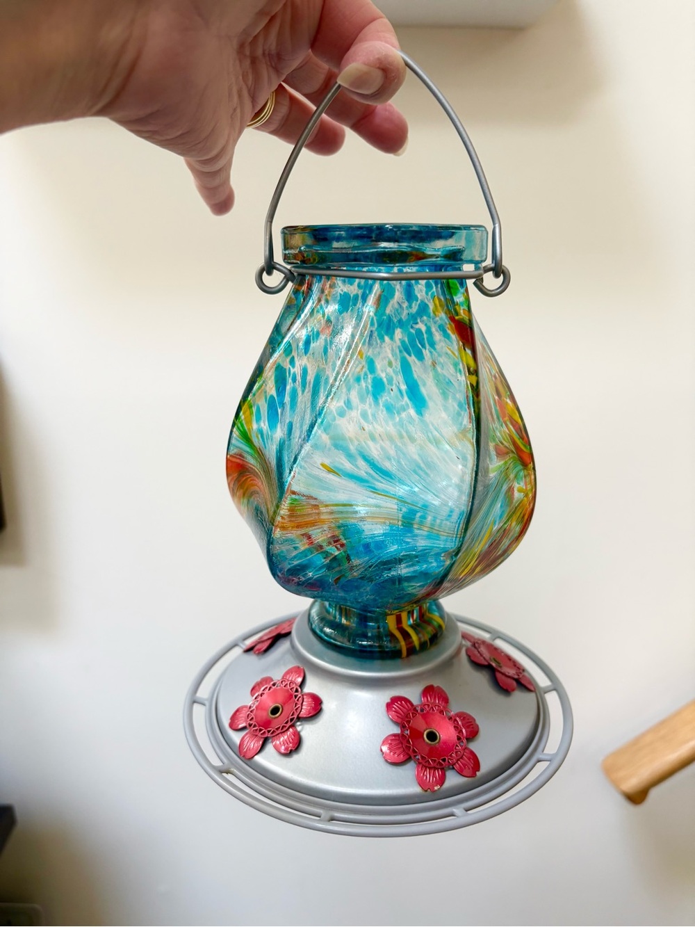 Handblown Turquoise Multicolor Glass Hummingbird Feeder
